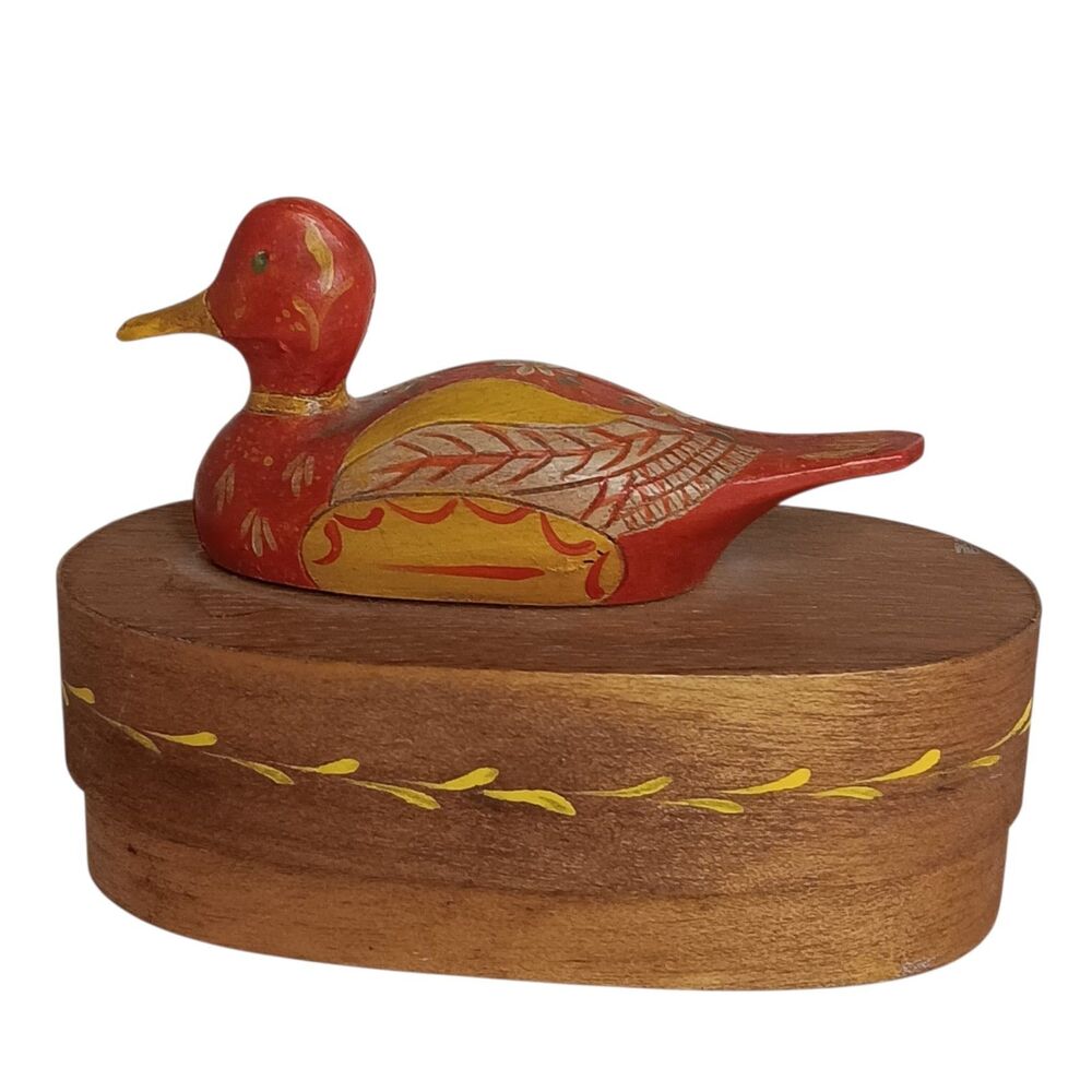Vintage Duck Trinket Box Oval Wood Handpainted Orange & Yellow Shaker Style